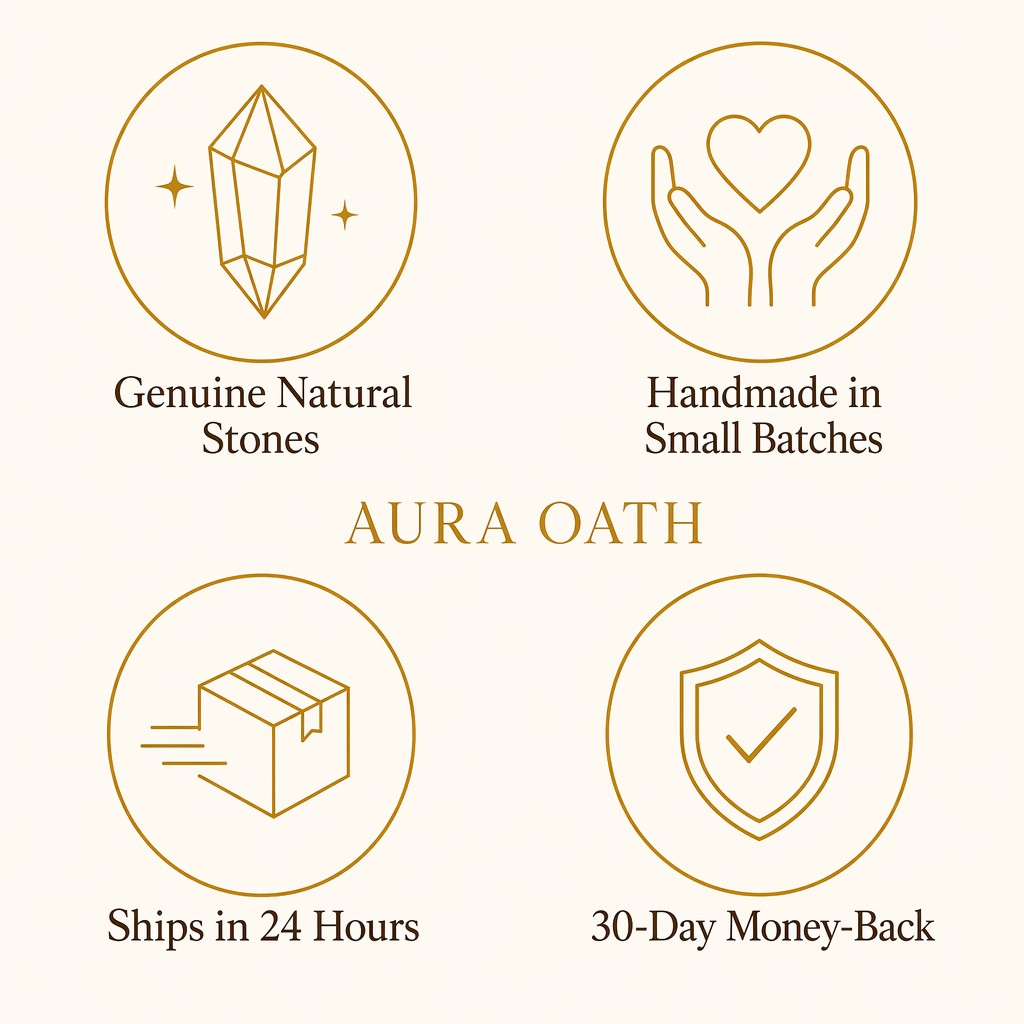 Aura Oath trust badges — genuine natural stones, handmade, fast shipping, money-back guarantee
