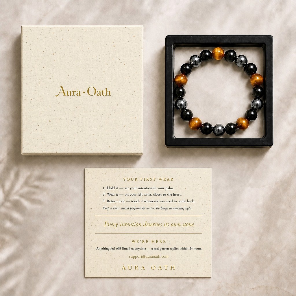 The Triple Shield bracelet in its floating display box, with Aura Oath outer box and branded card