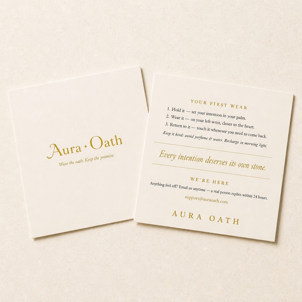 Aura Oath branded gift card included with every bracelet