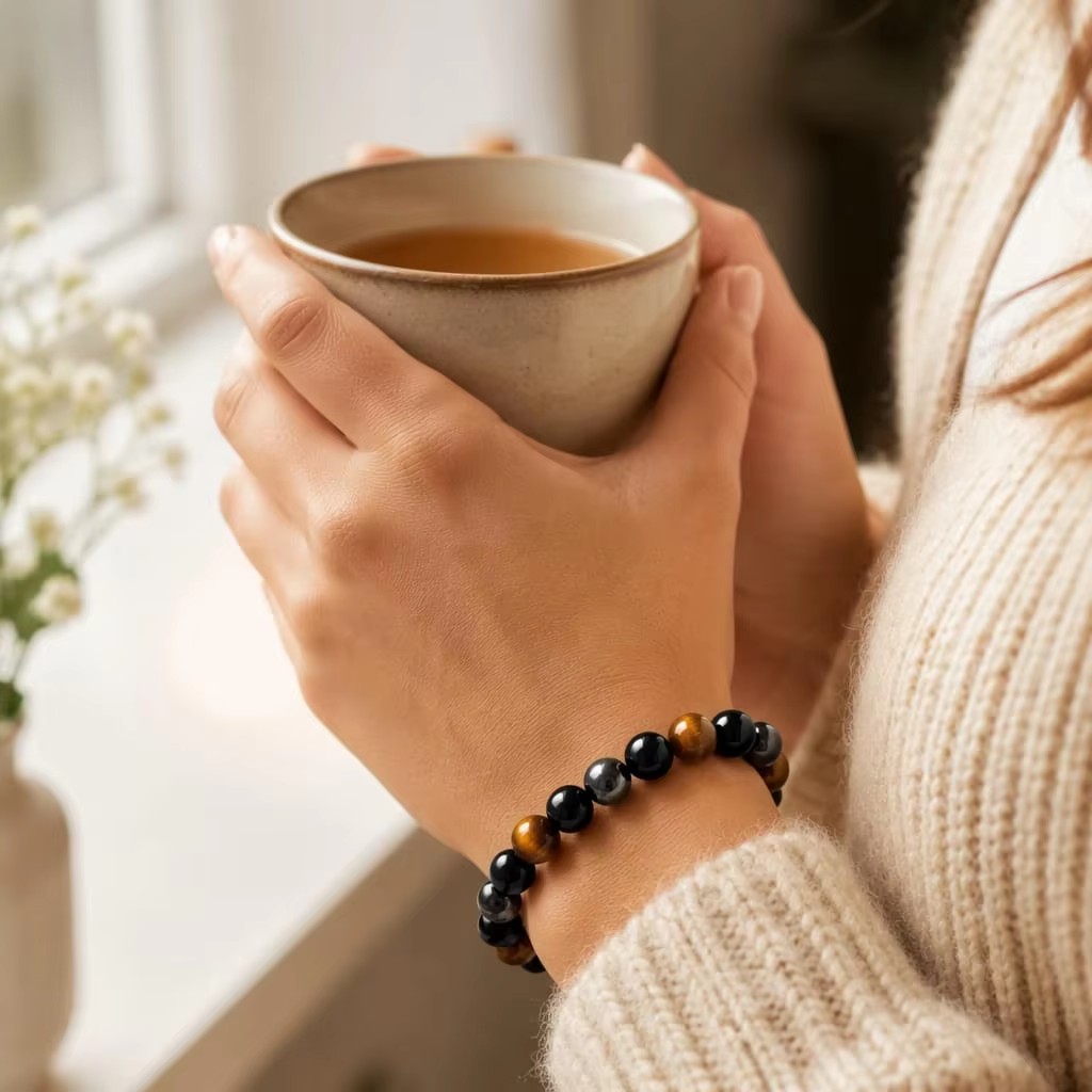 A single Triple Shield bracelet worn while holding a cup of tea