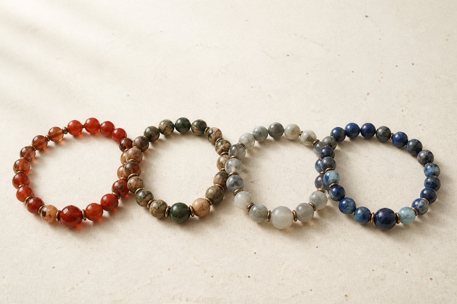 Four Aura Oath bracelets in different stone colors
