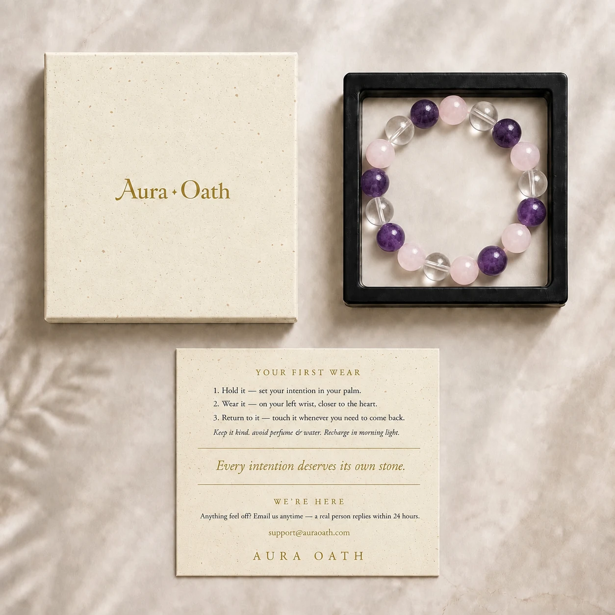 The Calm Keeper bracelet in its Aura Oath gift box