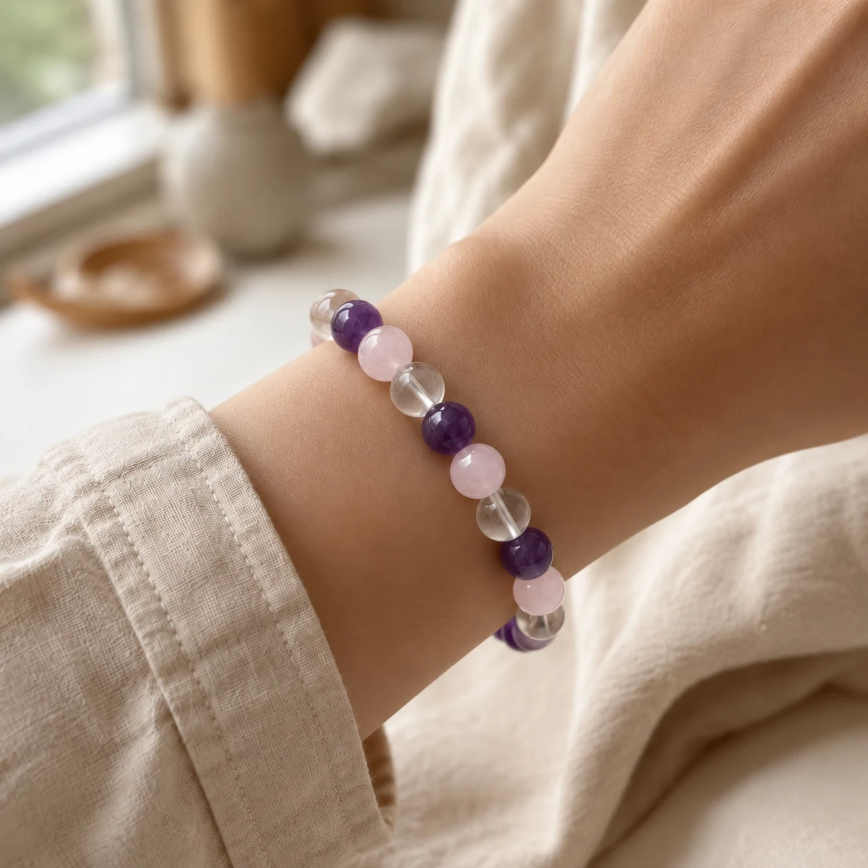 The Calm Keeper bracelet worn alone on one wrist