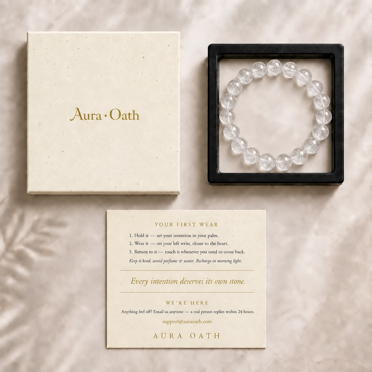 The Clear Mind bracelet in its Aura Oath gift box
