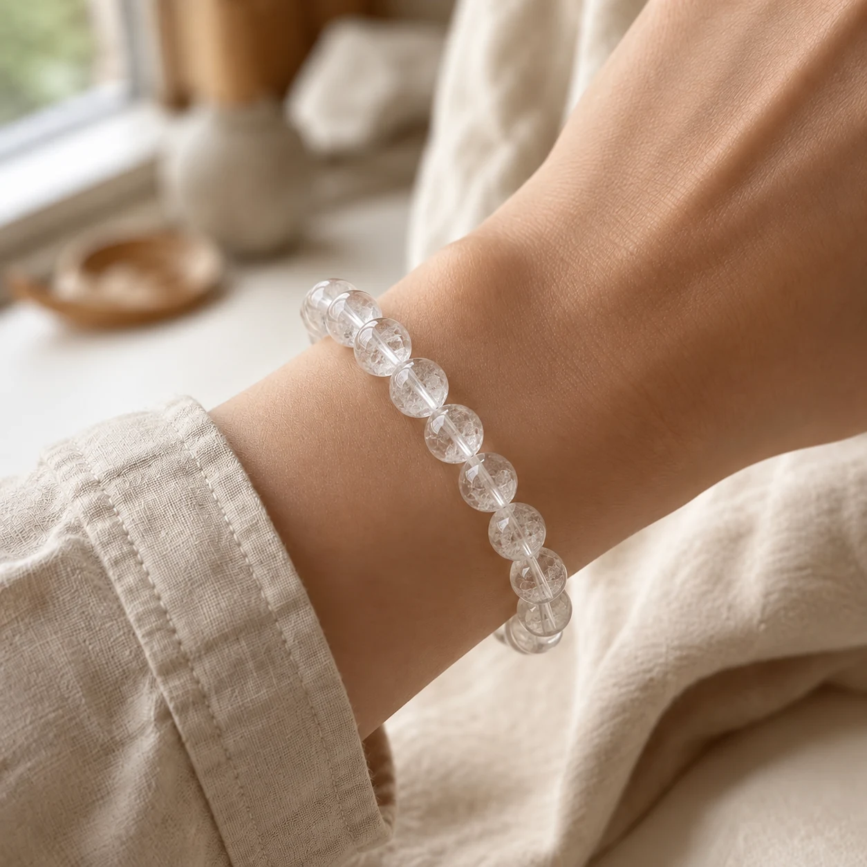 The Clear Mind Clear Quartz bracelet worn alone on one wrist