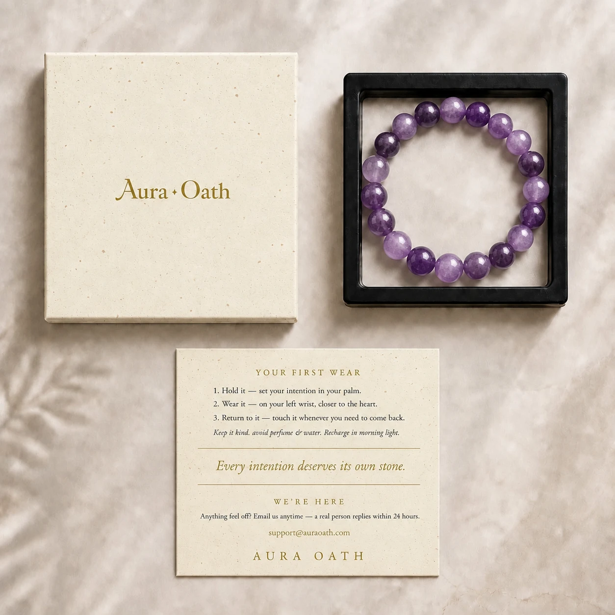 The Deep Focus bracelet in its Aura Oath gift box