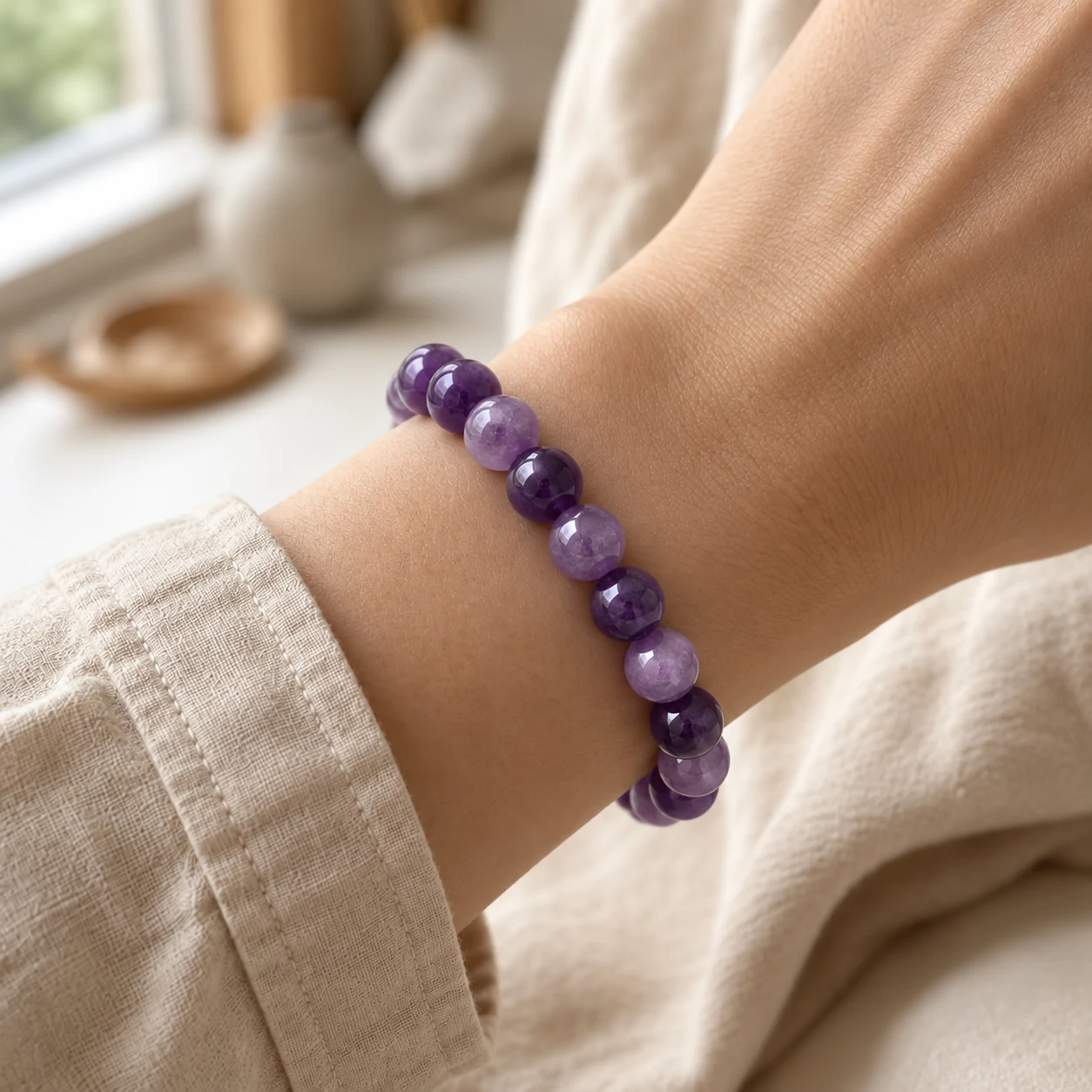 The Deep Focus Amethyst bracelet worn alone on one wrist