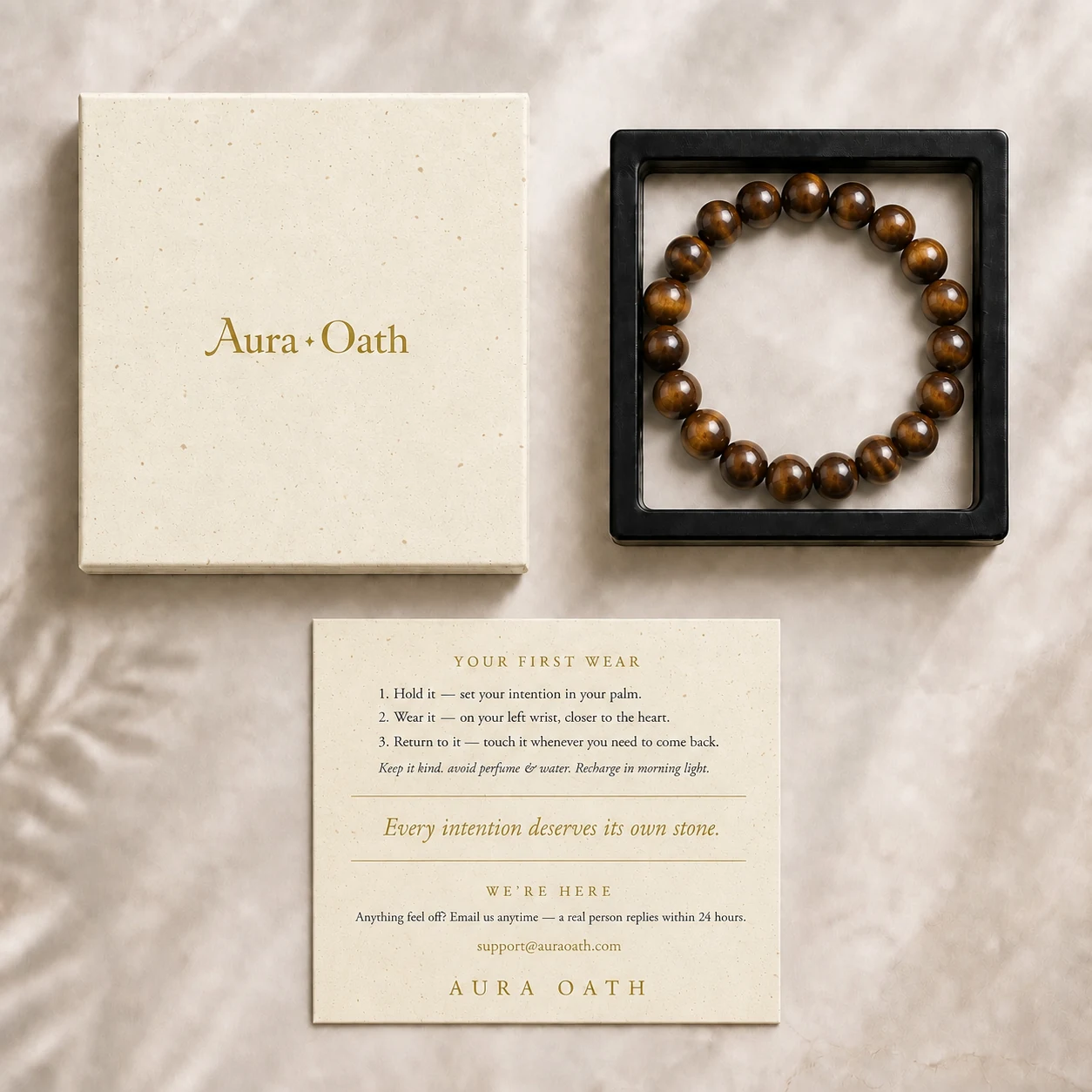 The Golden Hour bracelet in its Aura Oath gift box