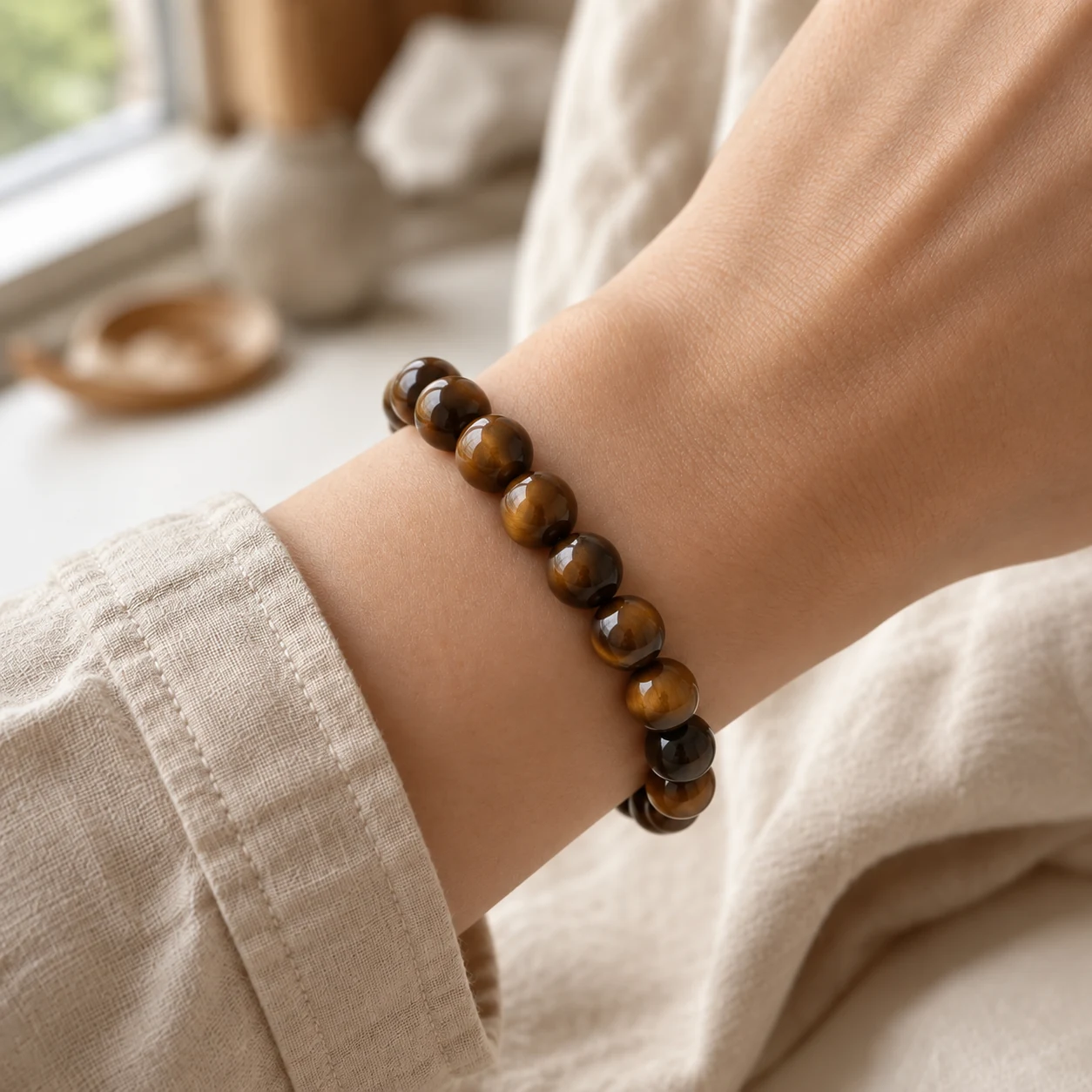 The Golden Hour Tiger’s Eye bracelet worn alone on one wrist