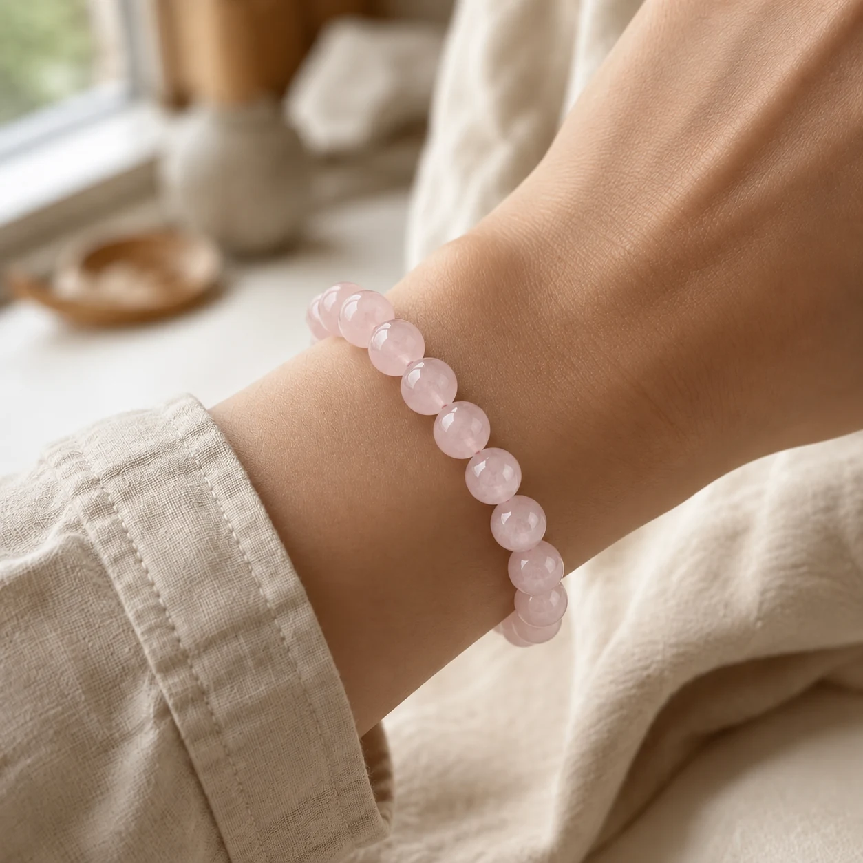 The Heart Opener Rose Quartz bracelet worn alone on one wrist