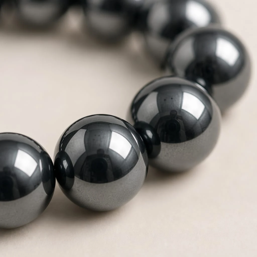 Close-up macro of Hematite metallic beads