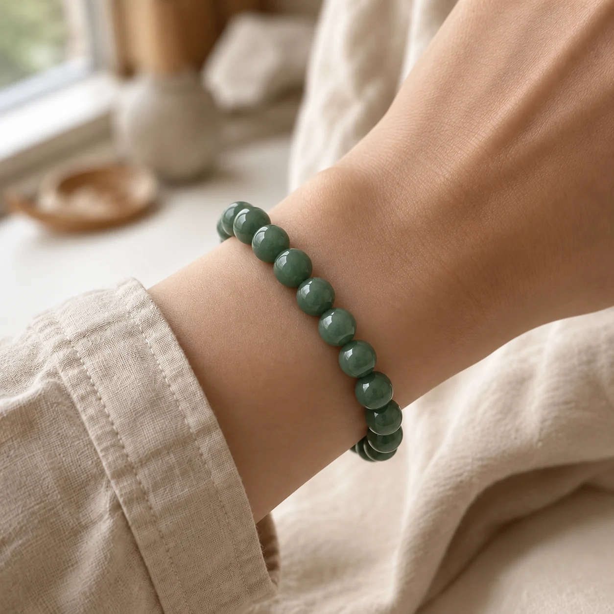 The New Bloom Green Aventurine bracelet worn alone on one wrist