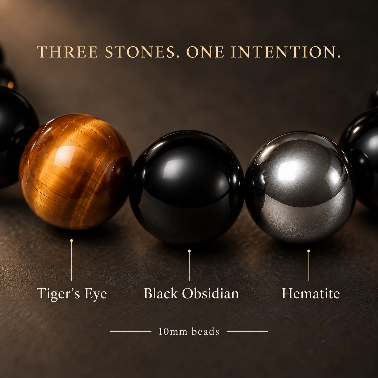 Close-up identifying tiger's eye, black obsidian and hematite in 10mm beads