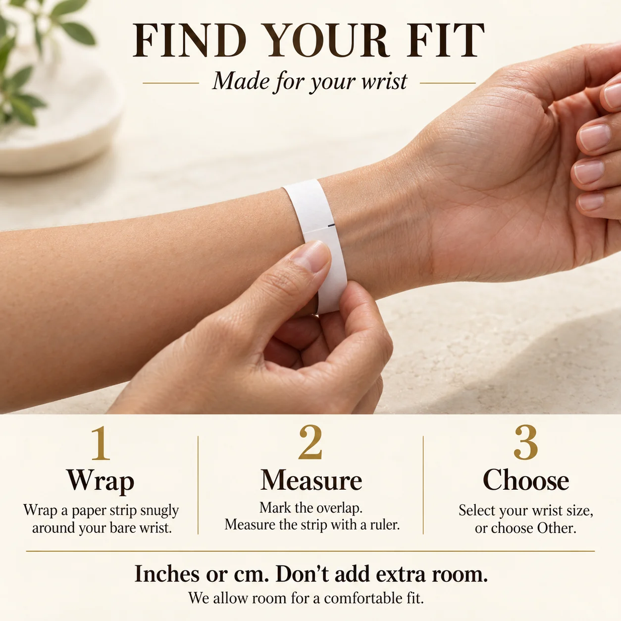 Wrist size guide: wrap a paper strip snugly, mark and measure, then choose your wrist size without adding extra room